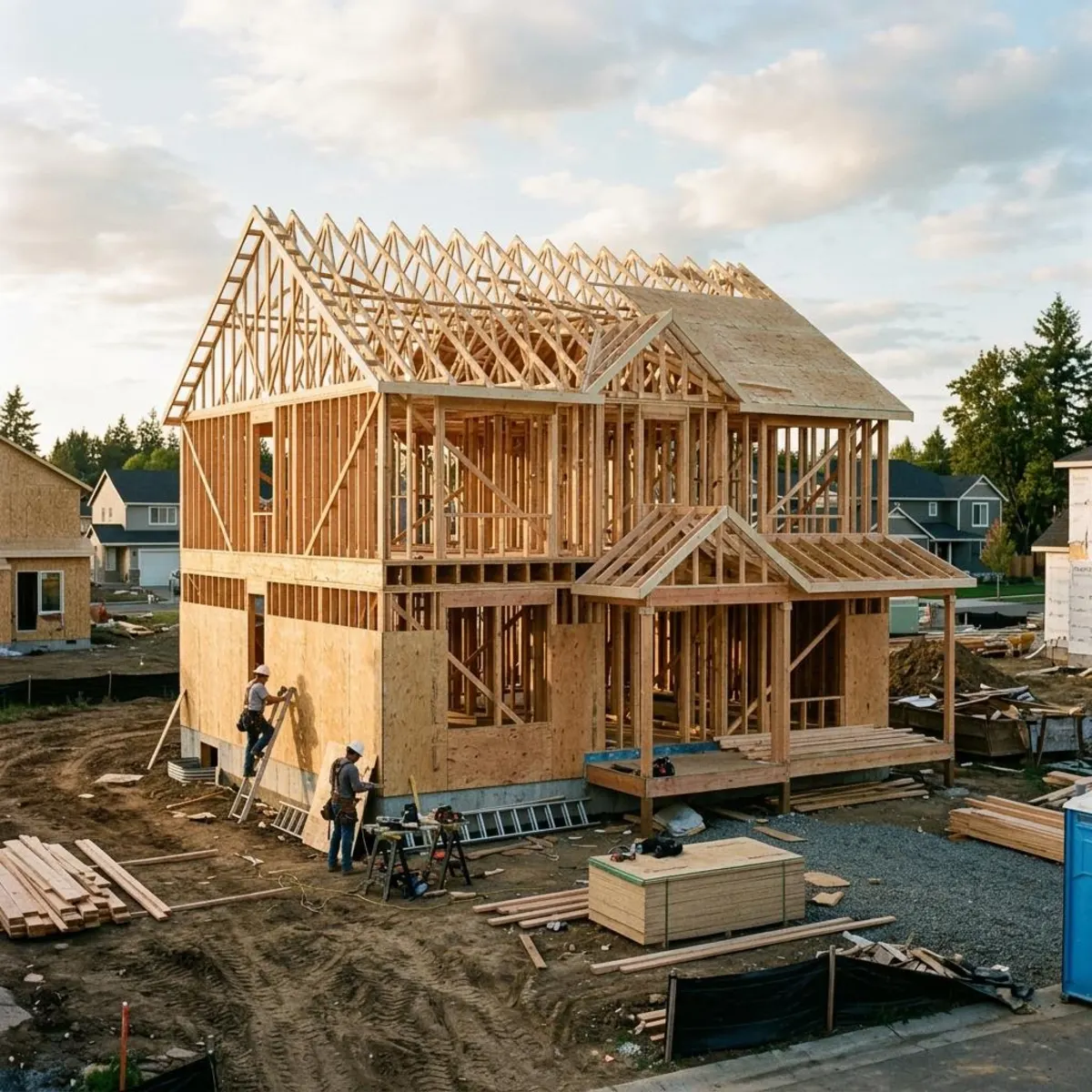 Wood-framed two-story house under construction with exposed studs and roof trusses