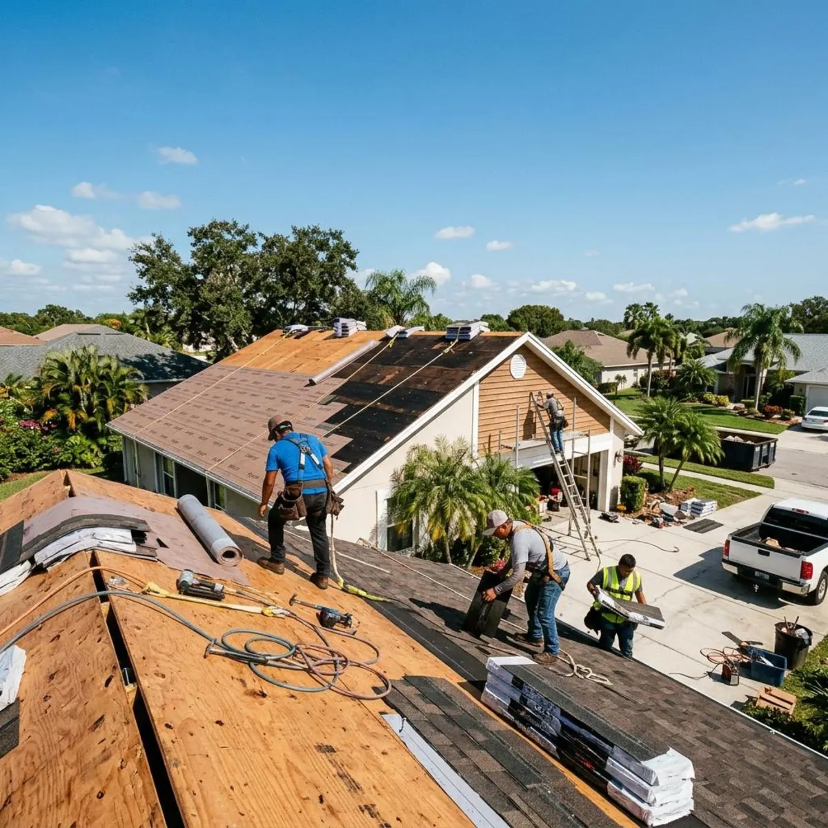 Roofers working on a residential roof with exposed decking and new underlayment